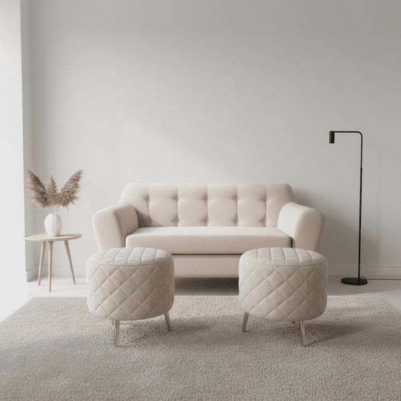 Sofa New Dos Cuerpos Mas Dos Puff Beige Felpa