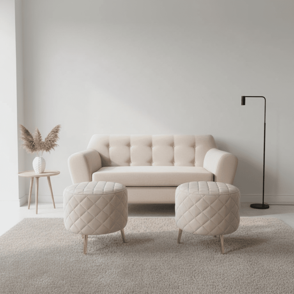 Muebles New - Sofa New Dos Cuerpos Mas Dos Puff Beige Felpa