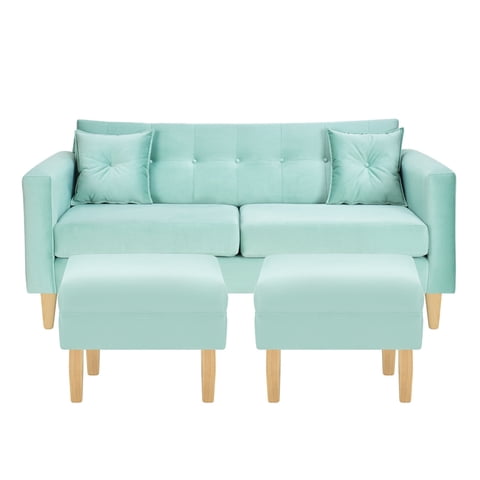 Bodevir - Sofa New Retro 3C + 2 Pouf Felpa 05 Verde Agua