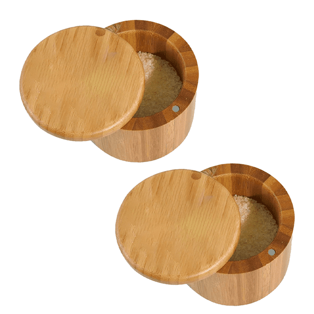 Salero de bambú, salero con tapa, salero, cuenco para comino y pimienta con tapa giratoria magnética (2 unidades)
