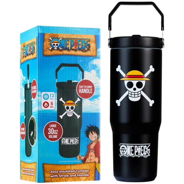 Vaso Térmico Get Trend One Piece con Popote 30oz para Niños y Adolescentes, Taza Aislante con Tapa y Asa, Vaso de Viaje para Escuela y Deportes, Regalos de Anime para Niños (One Piece Negro)
