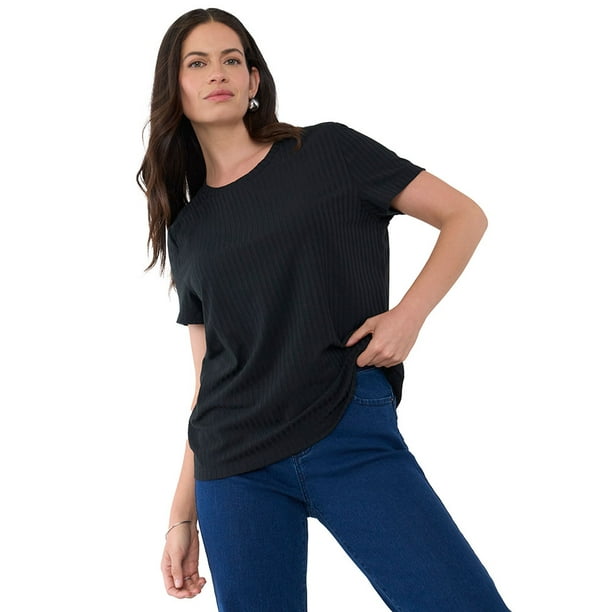 Polera Mujer Rib Básica Manga Corta Negro Corona
