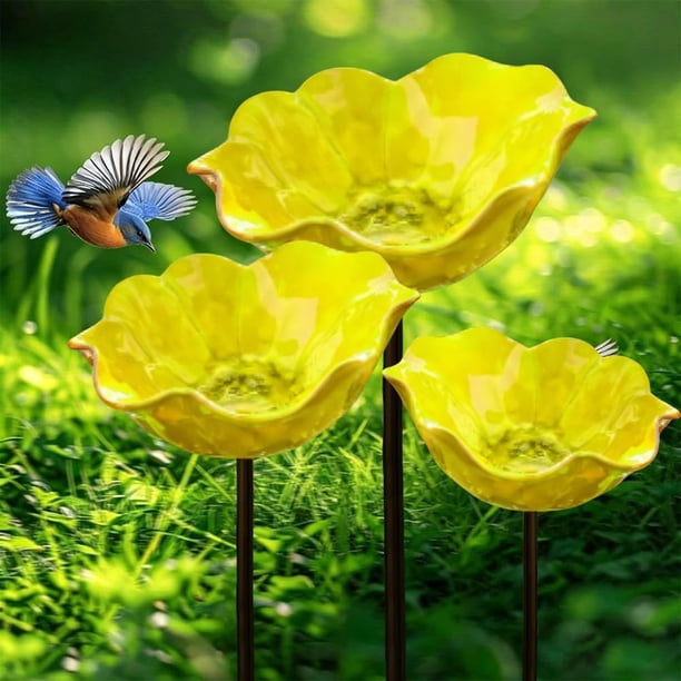 Estacas jardín flor metal baño abejas cuenco agua pájaros estación riego polinizadores 3 uds rojo
