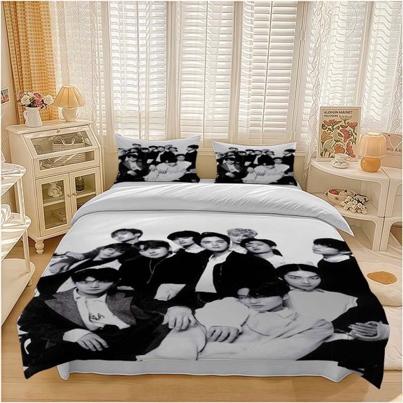 3pcs Korean Group SEVENTEEN Black and White Photo Themed Bedding Set Duvet Cover and Pillowcase Set Soft and Comfortable