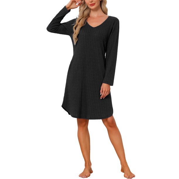 INSPIRE CHIC Vestido de Noche de Punto de Cable con Cuello en V para Mujer, Manga Larga, Largo hasta la Rodilla, Vestido de Dormir, Ropa de Descanso Suave y Elástica, Talla S, Negro