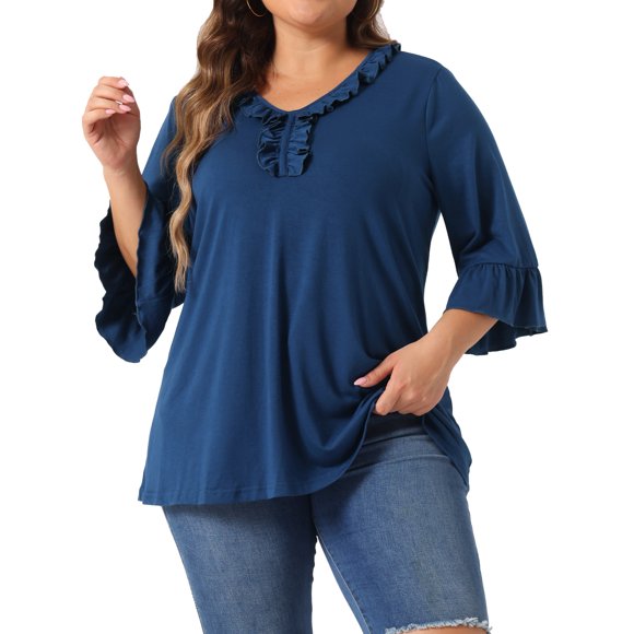 Agnes Orinda Women's Plus Size School College Ruffle 3/4 Sleeve V Neck Business Elegant Casual Tunic Dressy Top 4X Azul
