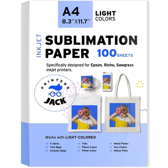 Papel de sublimación Printers Jack, 100 hojas tamaño A4, para Epson, HP y Canon