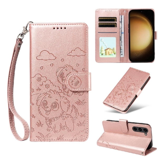 Funda Cartera para Samsung Galaxy S23 Plus Perro Cachorro Grabado con Tarjetas Soporte Correa Rosa