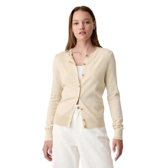 Cárdigan GAP para mujer, cuello redondo, color marrón claro, color avena jaspeado, talla S