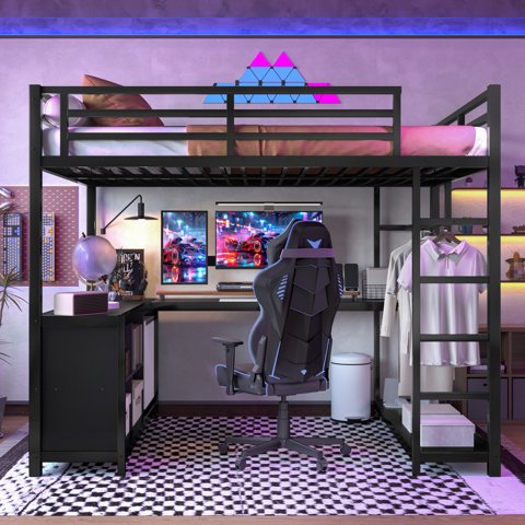 M&Ms - Metal Loft Bed With Wardrobe And L-Shaped Desk, Full Size Loft Bed With Storage Cubes And Shelves, Loft Bed For Kids Teens Adults, Black