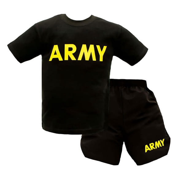 Conjunto de camisa/pantalones cortos Trooper Clothing Army PT de 2 piezas para niños, estilo 201 neg