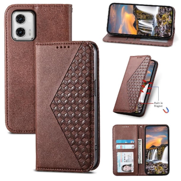 Funda Flip FOXDOCK para Motorola Moto G73 , Estilo Billetera con Diseño Rombo, Correa de Mano y Soporte, Uso Diario