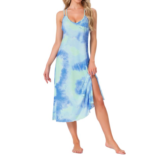 INSPIRE CHIC Camisón largo sin mangas para mujer con espalda cruzada, camisón con dobladillo dividido S Tie Dye Azul
