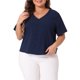 thumbnail image 1 of Agnes Orinda Mujeres Tallas Grandes Escuela Universidad Tops Recortados Cuello en V Manga Corta Abotonado Verano Camisa Casual 3X Azul Marino, 1 of 6