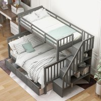 M&Ms - Stairway Twin-Over-Full Bunk Bed With Drawer, Storage And Guard Rail For Bedroom, Dorm, For Adults, Gray Color(Old Sku Lp000219Aae)