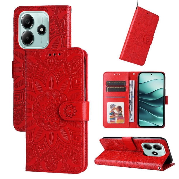Funda tipo cartera FOXDOCK para Xiaomi Poco M7 Pro 5G , diseño girasol en relieve, cuero PU, cierre magnético, soporte y tarjetero