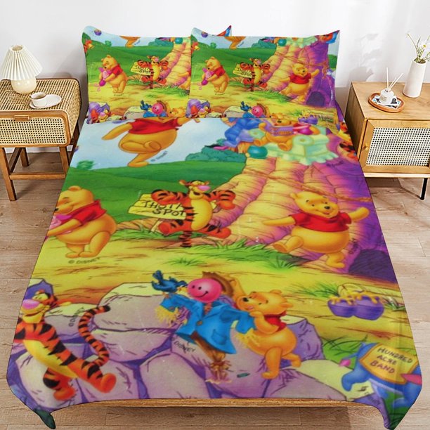 Winnie The Pooh Bed Duvet Cover Microfiber Bedding Sets 3D Printed Lightweight 3 Piece Comforter Sets for Kids Boys Girls