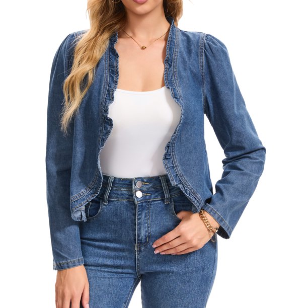 INSPIRE CHIC Chaqueta de Mezclilla con Volantes para Mujer Regreso a Clases, Chaquetas de Jean de Manga Larga Abiertas para Conjuntos de Primavera Otoño 2XL Azul