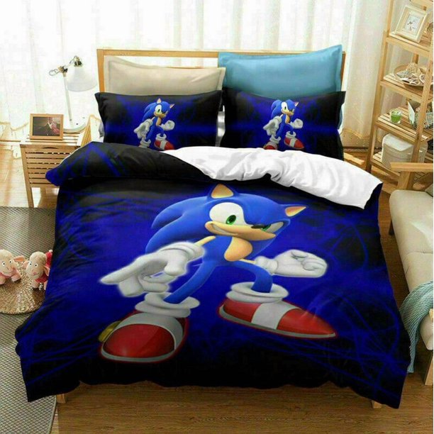 Sonic The Hedgehog Cartoon Quilt Duvet Cover Set Soft Bed Linen Children3-Piece Bedding Set