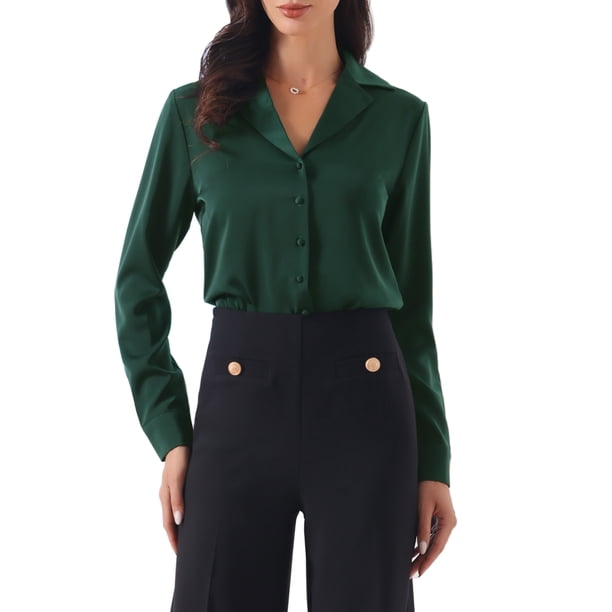 INSPIRE CHIC Camisa Leotardo Abotonada para Mujer de Satén Manga Larga con Solapa Muesca para Trabajo de Negocios M Verde Oscuro