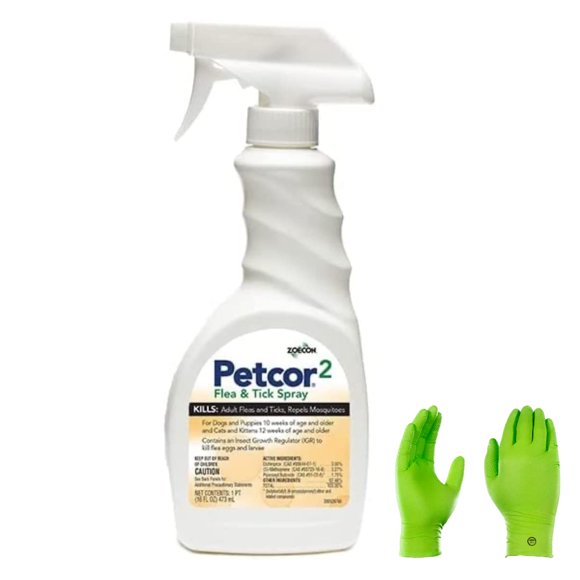 Spray antipulgas y garrapatas para mascotas con guantes y tarjeta de plagas