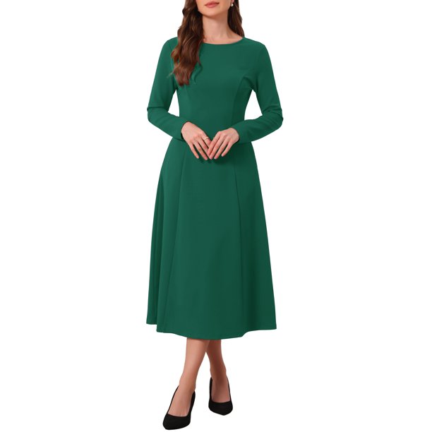 INSPIRE CHIC Vestido de Manga Larga para Mujer Invitada de Boda Formal Cóctel Cuello Redondo Vestido Maxi Línea A M Verde Oscuro