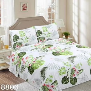 Genérico - Juego De Sábana Diseño 144 Hilos 1 1/2 Plazas - Blanco Verde Hojas M8806