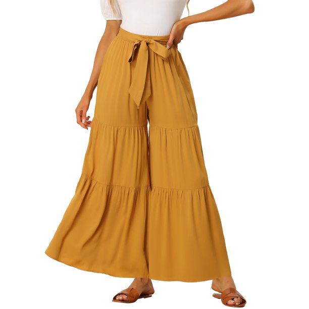 INSPIRE CHIC Pantalones Boho para Mujer Cintura Alta Elástica con Volantes Acampanados Palazzo Chic Pantalones de Pierna Ancha M Amarillo