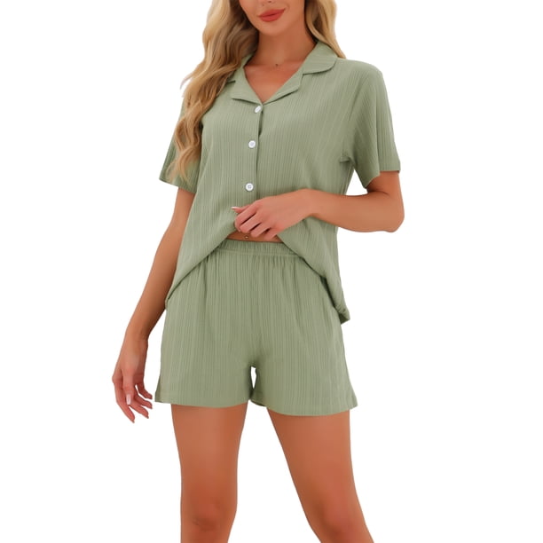 INSPIRE CHIC Conjunto de Pijama para Mujer 100% Algodón Manga Corta con Botones Ropa de Dormir con Bolsillos y Pantalones Cortos con Cintura Elástica S Verde
