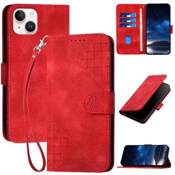 Funda Flip Premium Fibra de Carbono para iPhone 14 con Soporte y Cierre Rojo