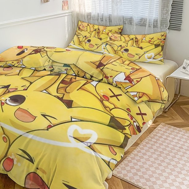 Pik_achu Print Bedding Set Pattern Duvet Cove Set 3 Pieces 1 Quilt Cover And 2 Pillowcases for Women Men Teens