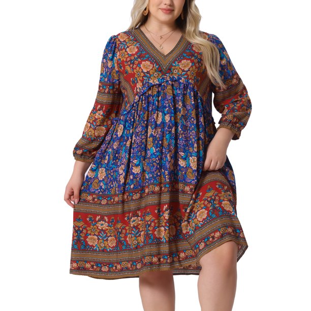 Agnes Orinda Vestido de Verano Talla Grande para Mujeres Escuela Universidad Casual Bohemio Floral Cuello en V Manga 3/4 Midi Corto Vestido de Playa 4X Rojo Azul