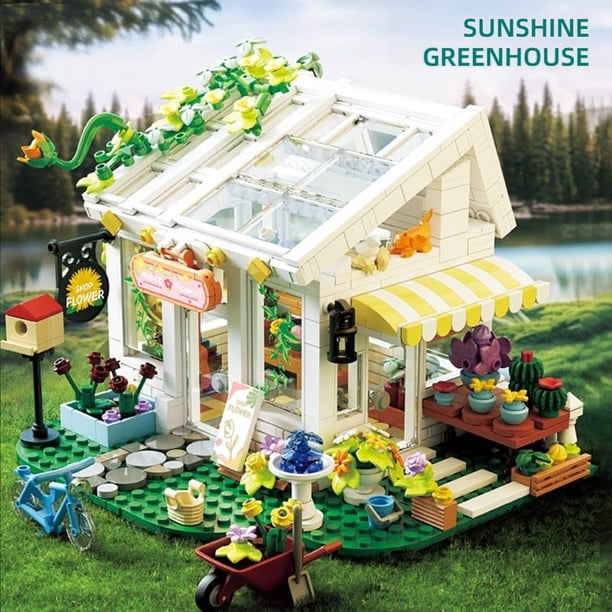 Set de construcción Casa de flores con luces, kit de construcción de jardín invernadero soleado, jug Set de construcción Casa de flores con luces, kit de construcción de jardín invernadero soleado, jug