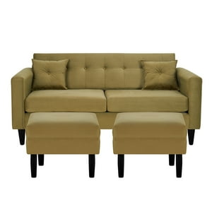 Bodevir - Sofa New Retro 3C + 2 Pouf Felpa 00 Verde Musgo