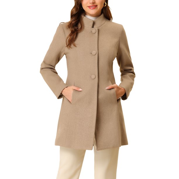 INSPIRE CHIC Abrigo de Mujer de Largo Medio con Cuello Mao, Abotonado, Abrigo de Invierno con Bolsillos Inclinados y Forro Completo, Marrón Claro XL