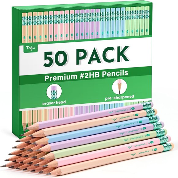 Taja 50 Pack WoodCased 2 HB Pencils, Bulk PreSharpened, Multicolor