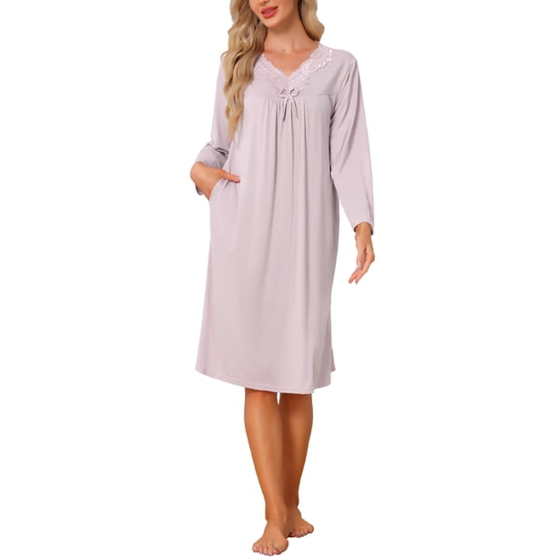 INSPIRE CHIC Camisones de Mujer Cómodos Vestido de Dormir de Encaje Mangas Largas Camisón Largo Pijama 2026 Ropa de Descanso M Rosa