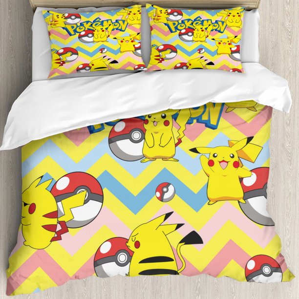 x202 Bed SheetsPikachu Bedding Bed Duvet Cover Set,Aesthetic Microfibre Bedding For Adult, Quilt Cover And Pillowcase Set Pcs 3-Piece Bedding Set (1 Duvet Cover + 2 Pillow Shams) nj202