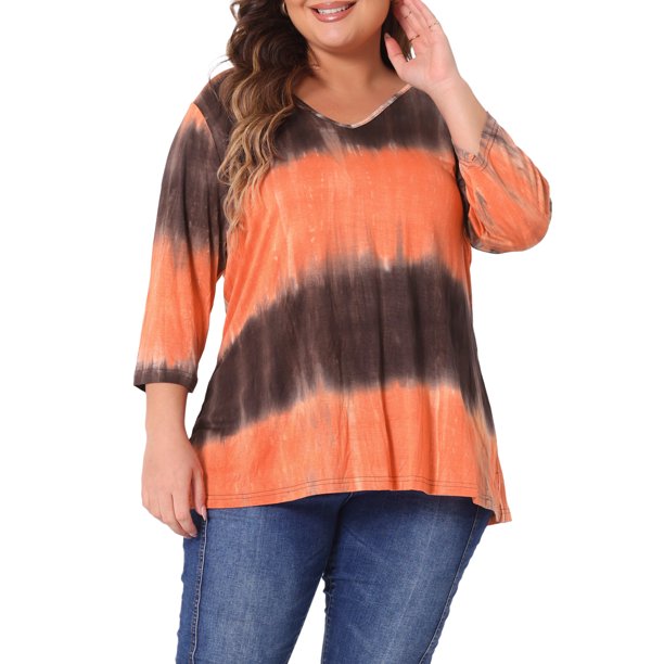 Agnes Orinda Blusas Casuales de Talla Grande para Mujer con Estampado de Rayas Tie Dye, Cuello en V y Mangas 3/4, Talla 2X Naranja