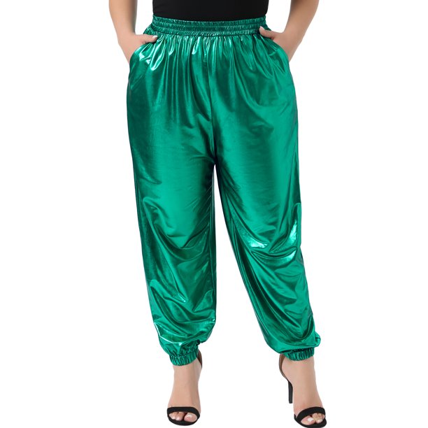 Agnes Orinda Conjuntos de Halloween para Mujeres Pantalones Jogger Talla Grande Cintura Alta Metálica Brillante Elásticos Pantalones Holográficos 1X Verde
