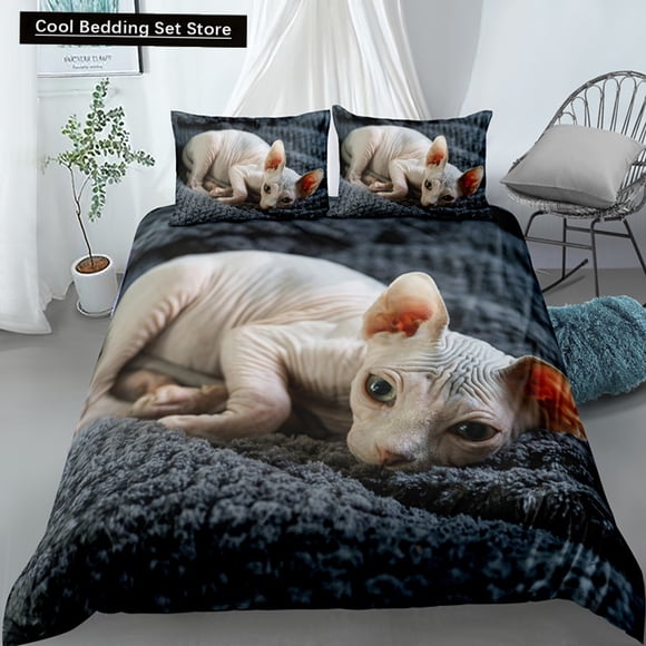 Sphynx Cat Duvet Cover Lovely Pet Kitty Bedding Set for Kids Teens Adults Animal Grey Polyester Quilt Cover Bed Sheets