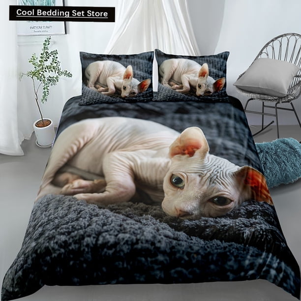 Sphynx Cat Duvet Cover Lovely Pet Kitty Bedding Set for Kids Teens Adults Animal Grey Polyester Quilt Cover Bed Sheets