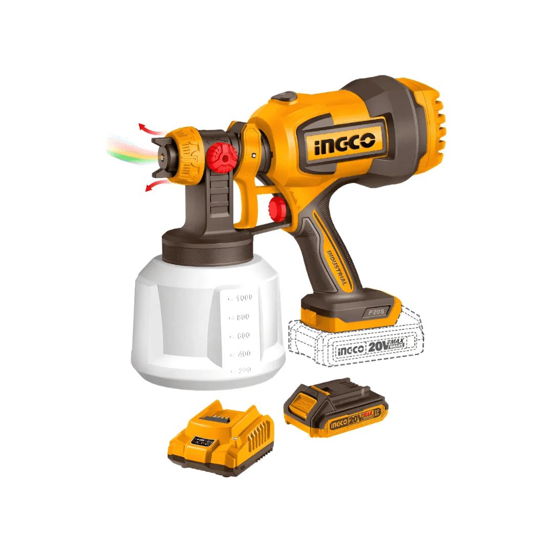 Ingco - Pistola Pintura Inalámbrica + Batería 2ah + Cargador Rápido Amarillo