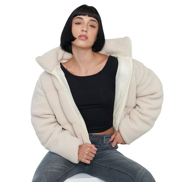 Chaqueta Mujer Teddy Ecru Cuello Alto Corona
