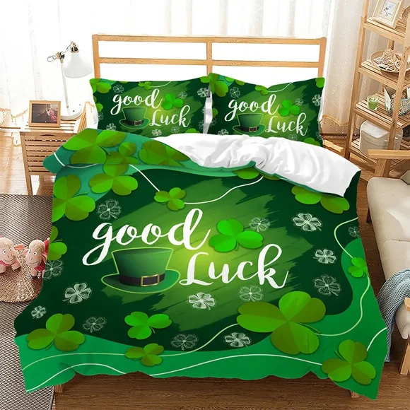 x1190 Bed SheetsLucky Green Leaves Duvet Cover Four Leaf Shamrock Clover Bedding Set Irish Culture Soft /Polyester Quilt Cover 3-Piece Bedding Set (1 Duvet Cover + 2 Pillow Shams) nj1190