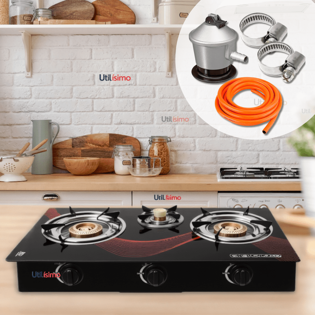 Line - Cocina Encimera A Gas Licuado Vidrio 3 Platos + Kit De Instalación Cocinilla Negro