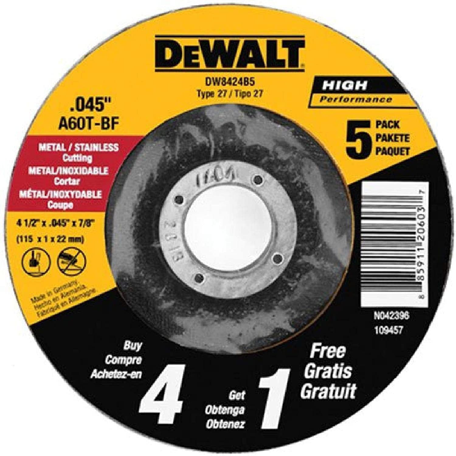 Disco De Corte Dewalt Dw8424b5 De 4,5 Cm Para Metal (paquete De 5)