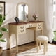 thumbnail image 1 of 46" Vintage Makeup Vanity with Curved Flower Frame Mirror, Elegant Dressing Table with 5 Drawers and Leather Stool, Vanity Desk with Solid Wood Legs and Antique Handles for Bedroom, 1 of 3