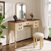 M&Ms - 46"" Vintage Makeup Vanity With Curved Flower Frame Mirror, Elegant Dressing Table With 5 Drawers And Leather Stool, Vanity Desk With Solid Wood Legs And Antique Handles For Bedroom