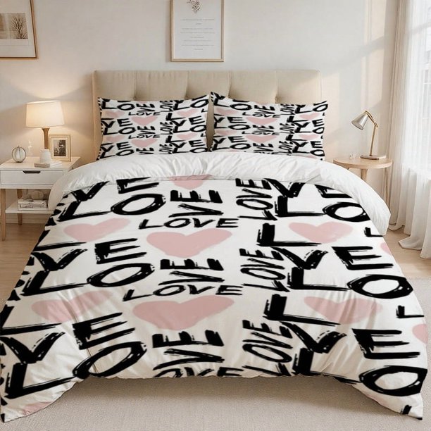 3pcs Love Theme Digital Print Bedding Set Polyester Anti-Pilling